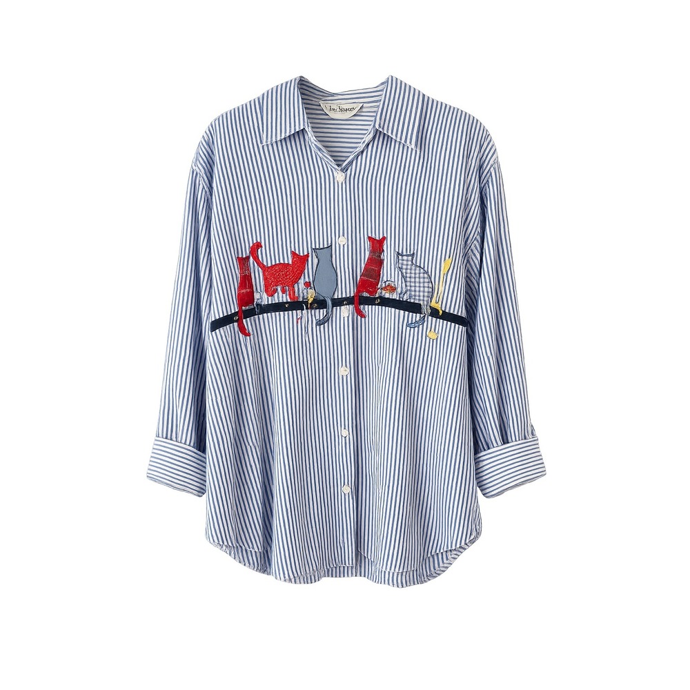 Two Twenty Shirt Women's Size 20 Blue and White Striped Cats Vintage Grandmacore
